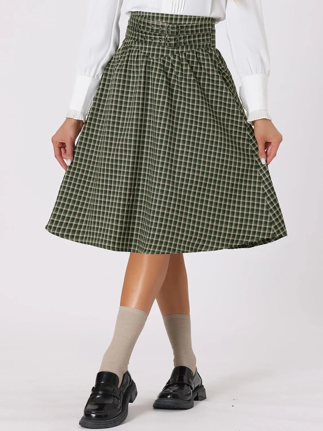 Allegra K Vintage Plaid Skirt for Women's Belted A-Line Midi Skirt