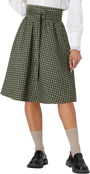 Allegra K Vintage Plaid Skirt for Women's Belted A-Line Midi Skirt