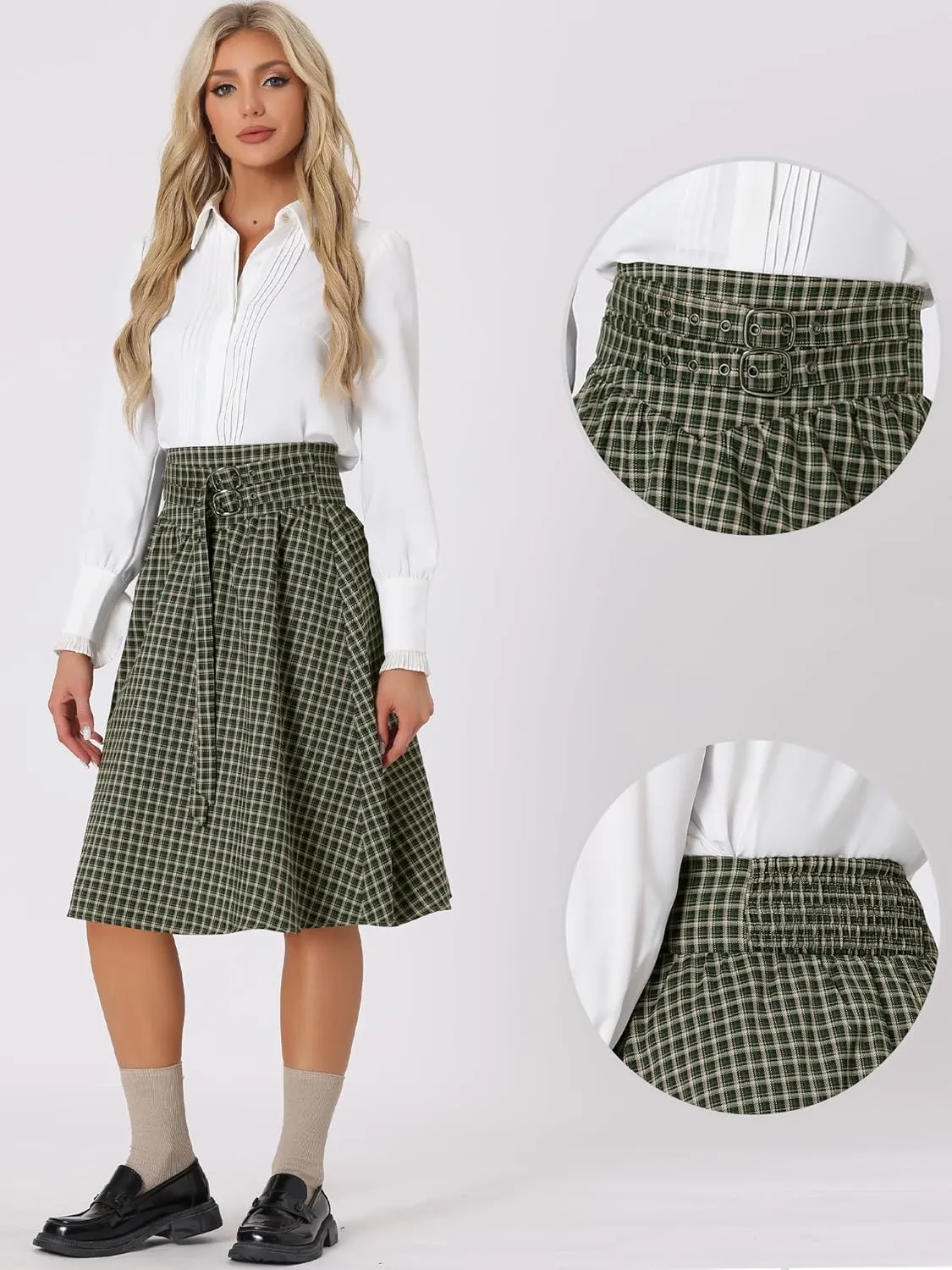 Allegra K Vintage Plaid Skirt for Women's Belted A-Line Midi Skirt