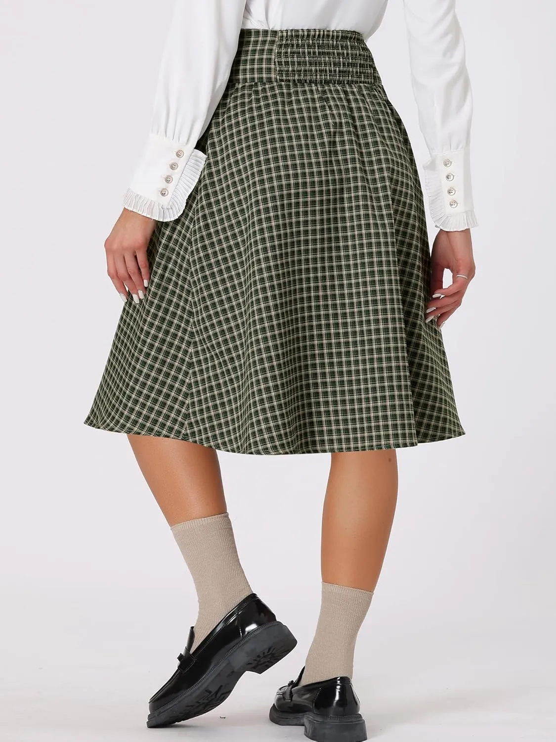 Allegra K Vintage Plaid Skirt for Women's Belted A-Line Midi Skirt