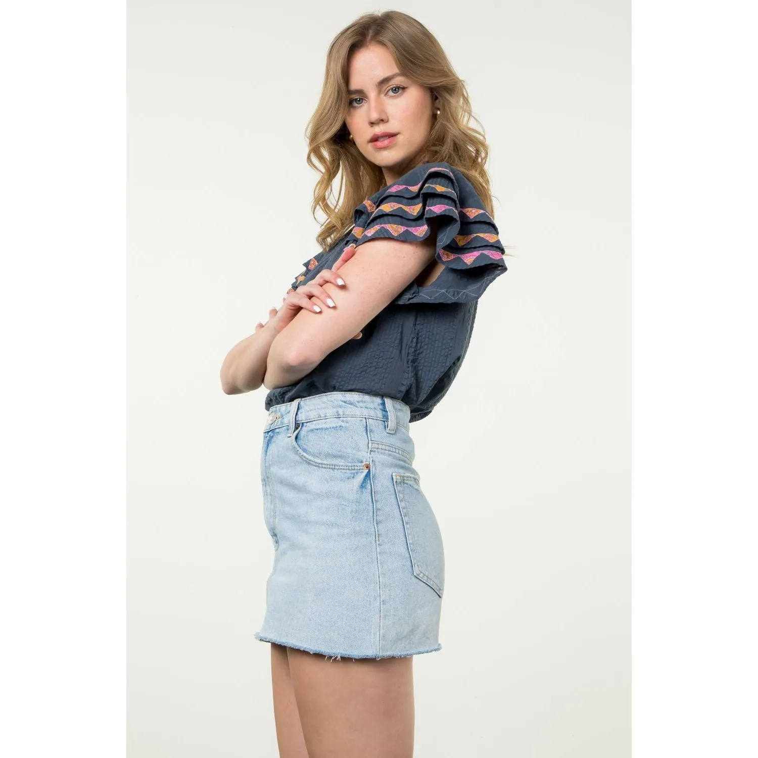 Augusta Ruffled Sleeve With Hand Applique THML Top