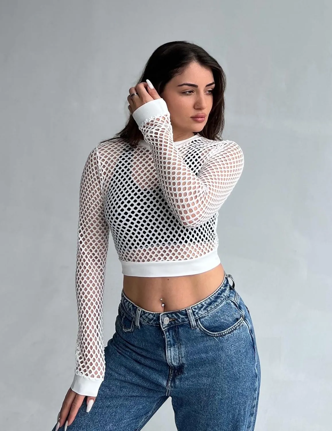 Avidlove Fishnet Top for Women Fishnet Crop Top Long Sleeve Fishnet Shirt Fishnet Long Sleeve Top