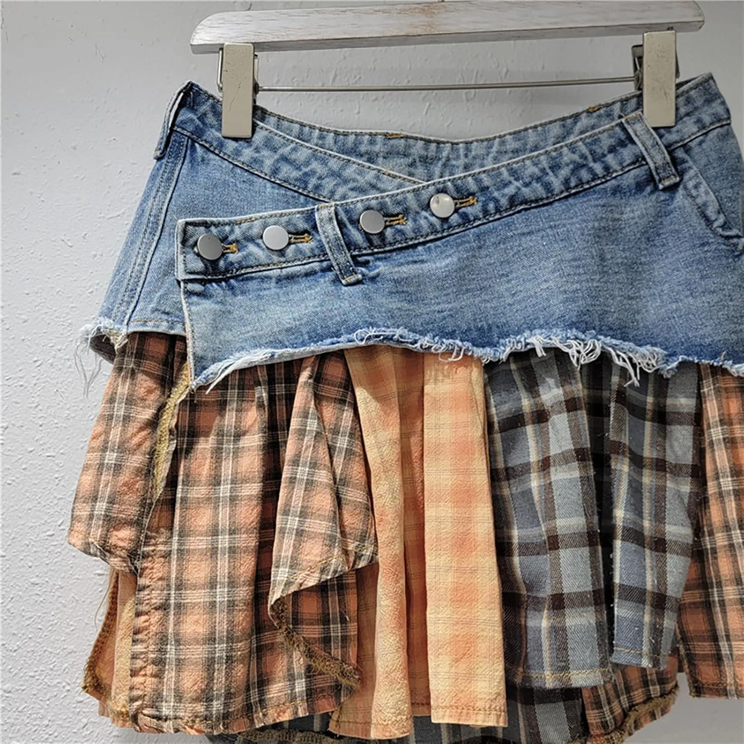 BAIMORE Women's Y2k Low Waist Asymmetrical Button A Line Plaid Patchwork Denim Mini Skirt