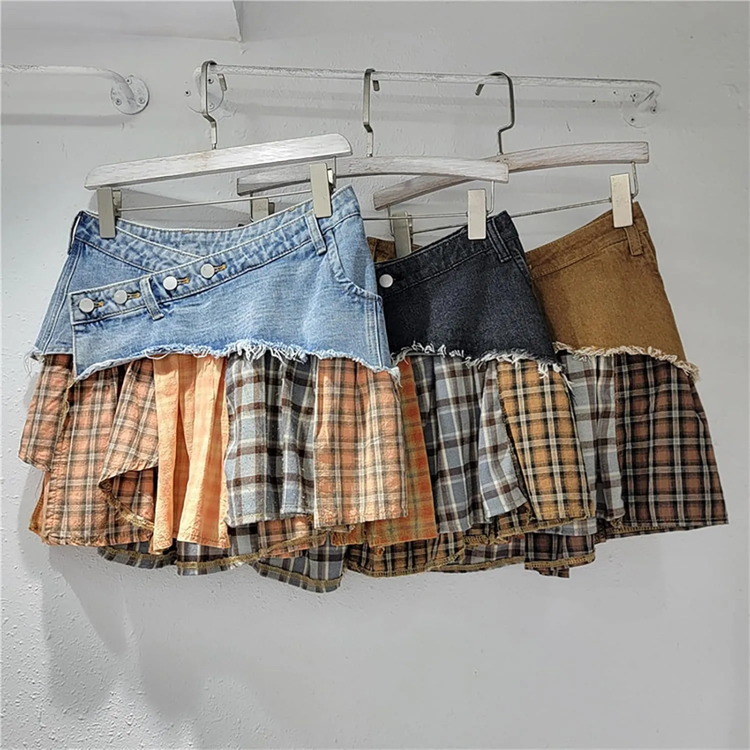 BAIMORE Women's Y2k Low Waist Asymmetrical Button A Line Plaid Patchwork Denim Mini Skirt