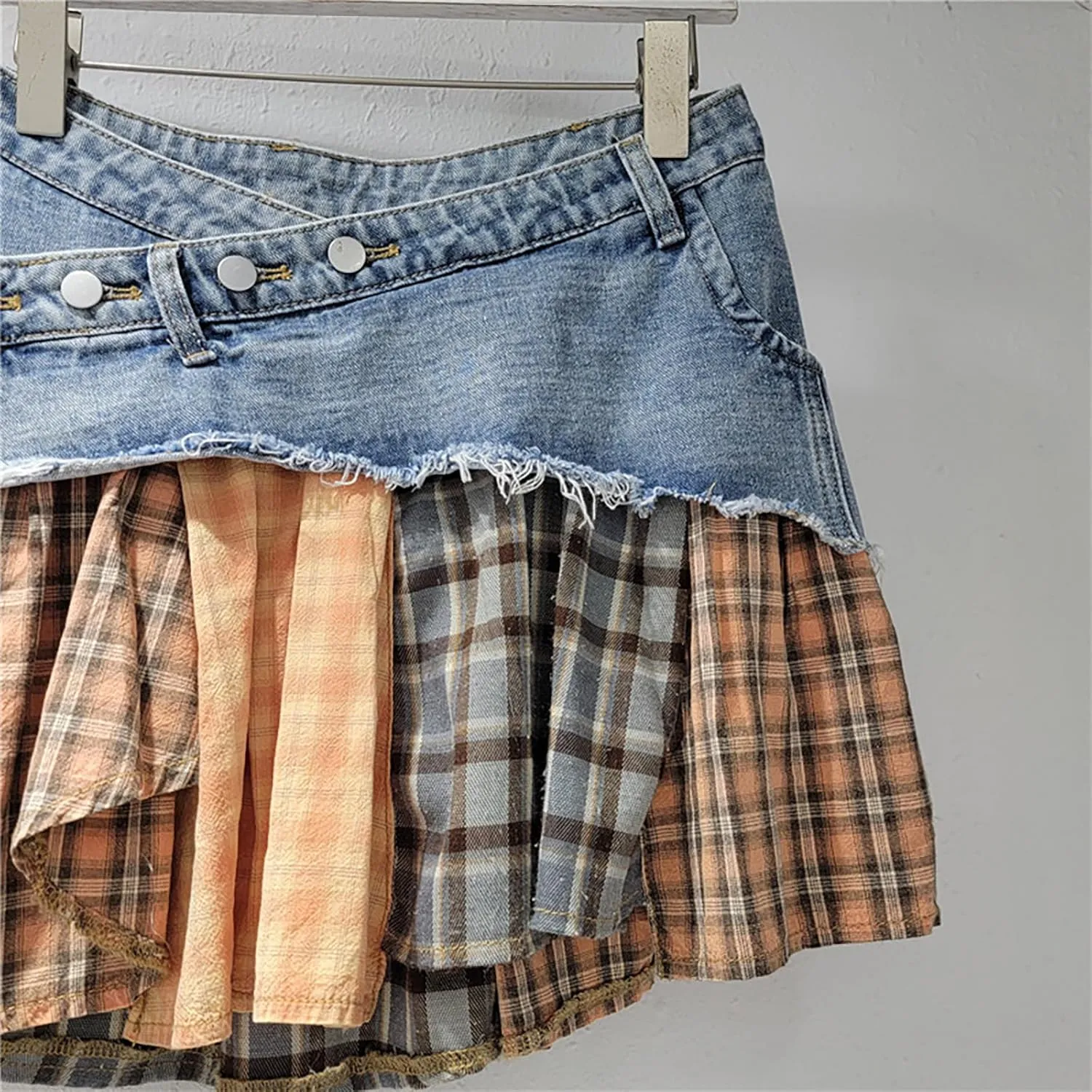 BAIMORE Women's Y2k Low Waist Asymmetrical Button A Line Plaid Patchwork Denim Mini Skirt