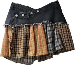 BAIMORE Women's Y2k Low Waist Asymmetrical Button A Line Plaid Patchwork Denim Mini Skirt