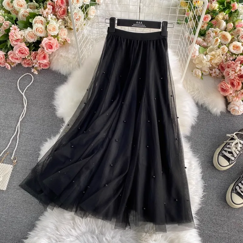Beaded Mid Length  A Line Fairy Mesh Skirt 1695