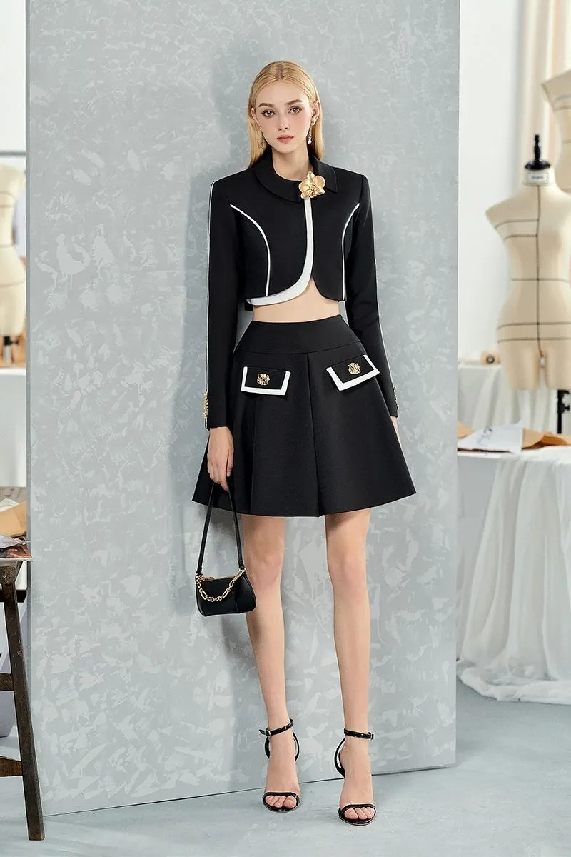 BLACK VEST-SHAPED CROP TOP AND A-LINE SKIRT SET