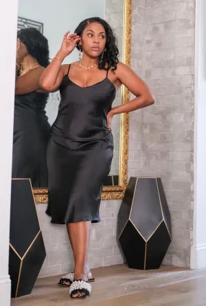 Buttery Satin Midi Dress - Black