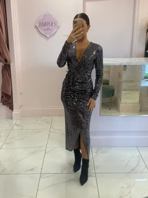 Celia Black & Silver Ruched Sparkle Midi Dress