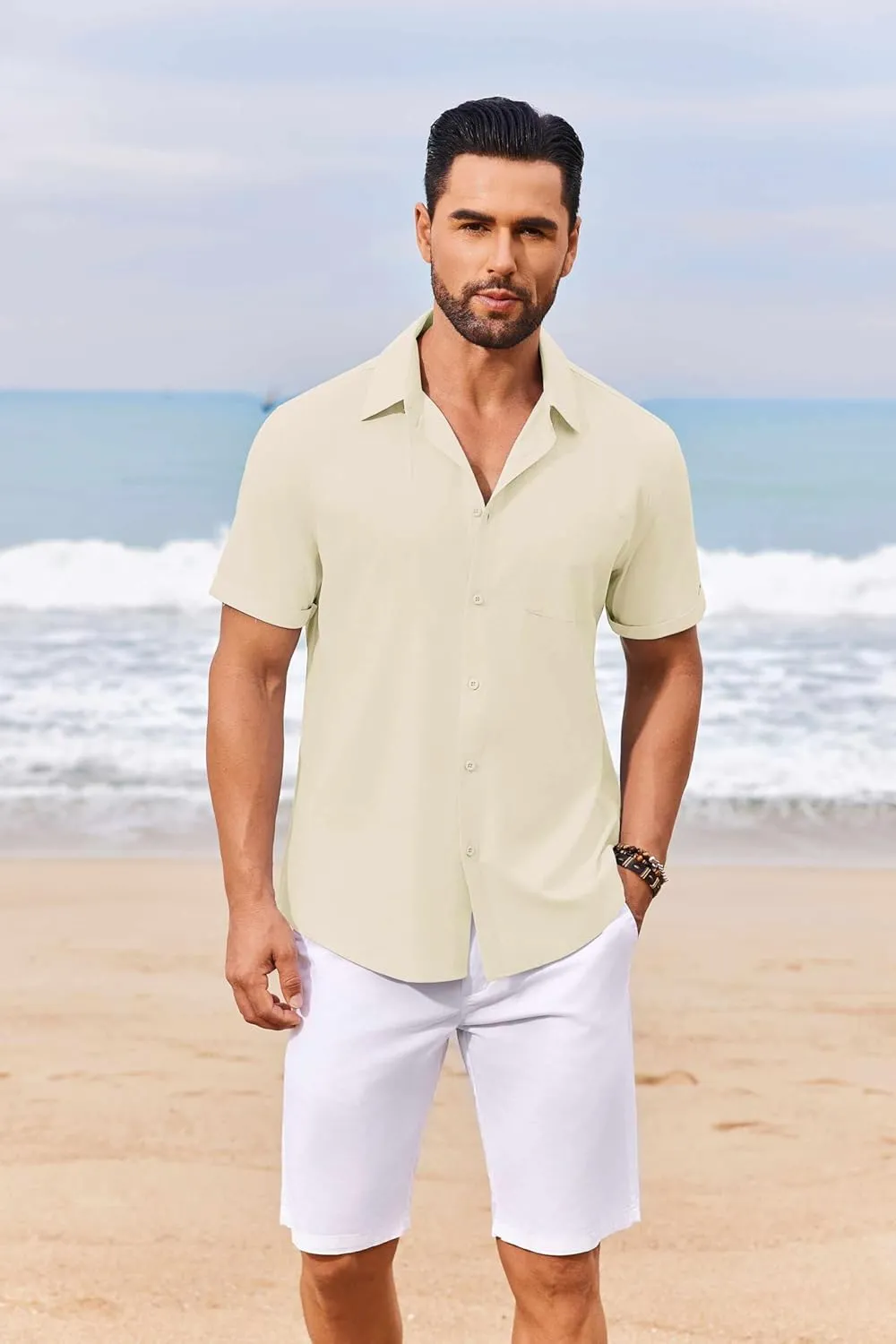 COOFANDY Mens Casual Linen Shirt Short Sleeve Button Down Shirt Summer Beach Shirts with Pocket
