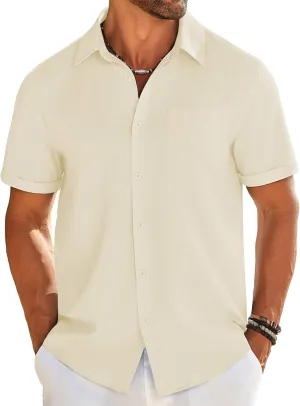 COOFANDY Mens Casual Linen Shirt Short Sleeve Button Down Shirt Summer Beach Shirts with Pocket