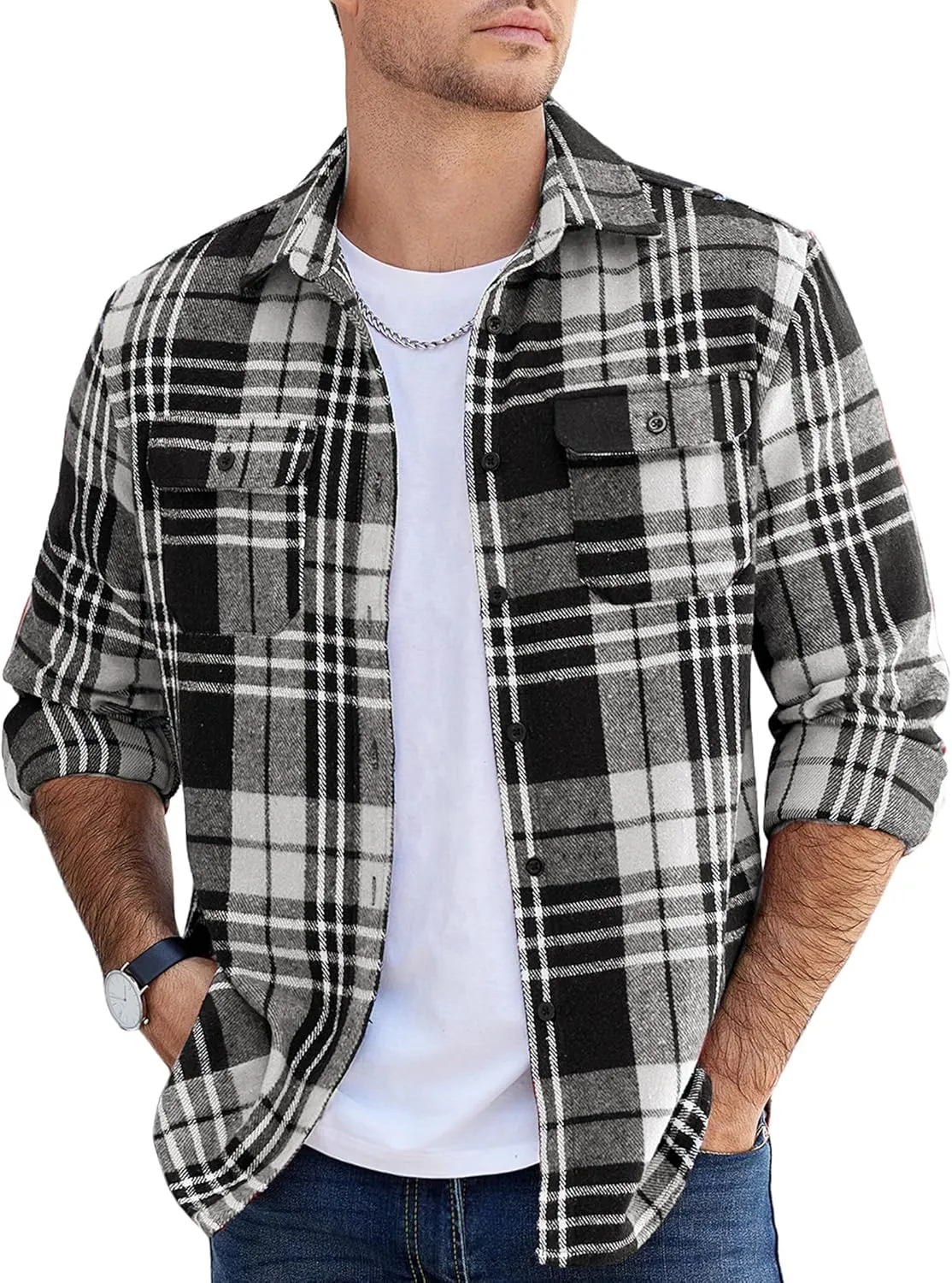 COOFANDY Mens Flannel Shirts Long Sleeve Plaid Shirt Jacket Button Down Shirt with Pockets