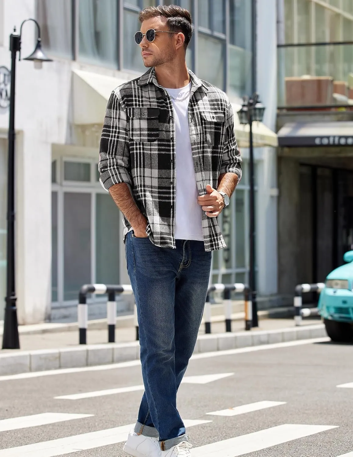 COOFANDY Mens Flannel Shirts Long Sleeve Plaid Shirt Jacket Button Down Shirt with Pockets