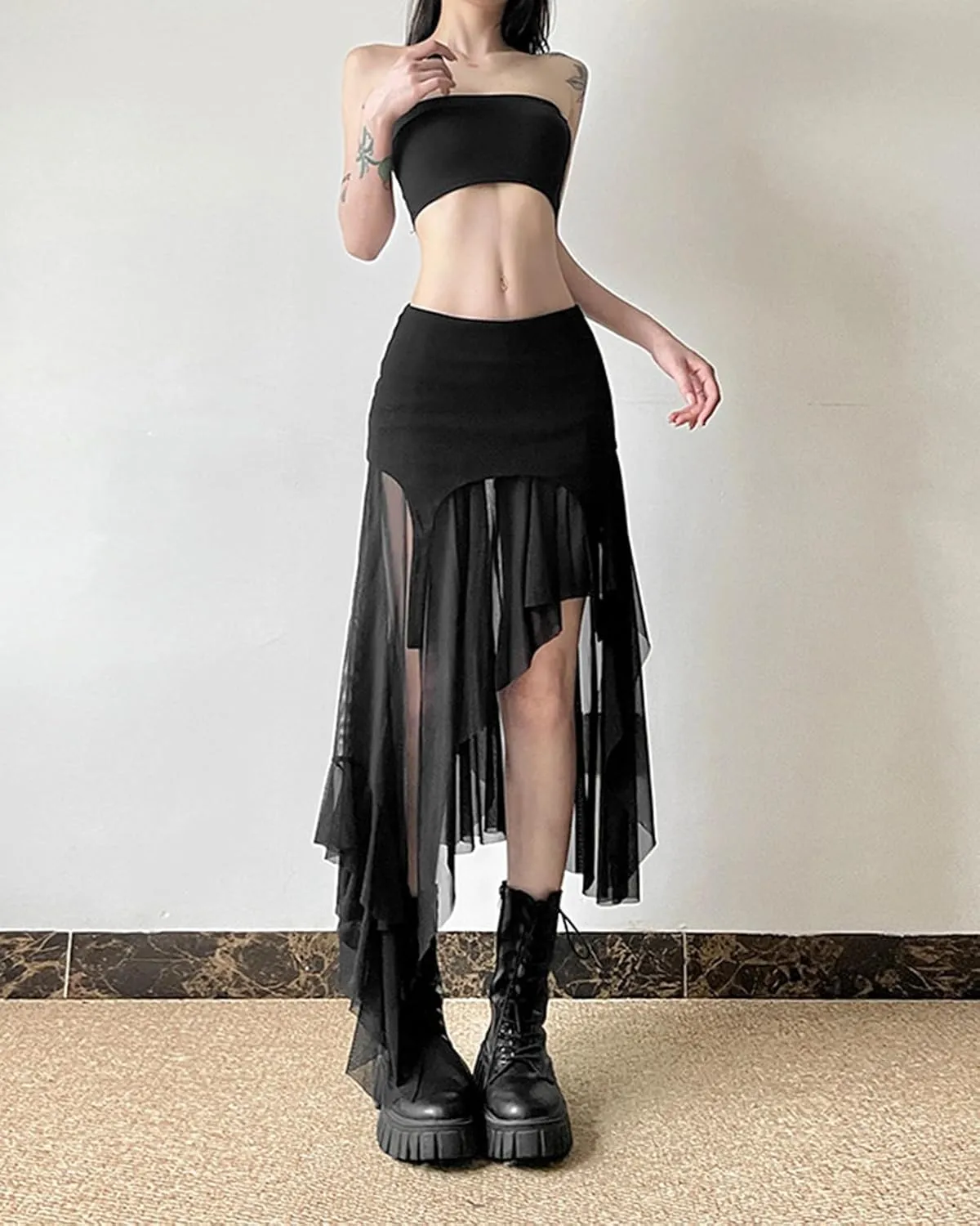 CORIRESHA Women's Asymmetrical Hem Hip Tight A-line Sheer Midi Skirt