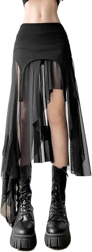 CORIRESHA Women's Asymmetrical Hem Hip Tight A-line Sheer Midi Skirt