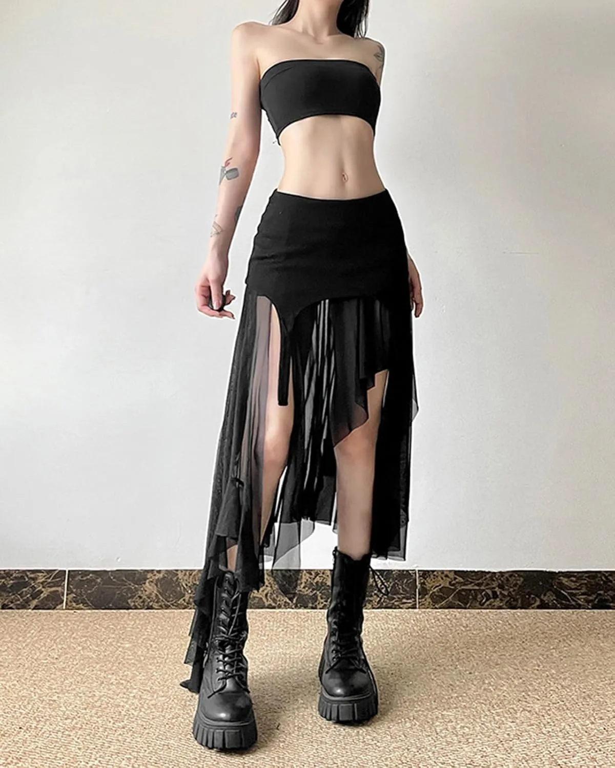 CORIRESHA Women's Asymmetrical Hem Hip Tight A-line Sheer Midi Skirt