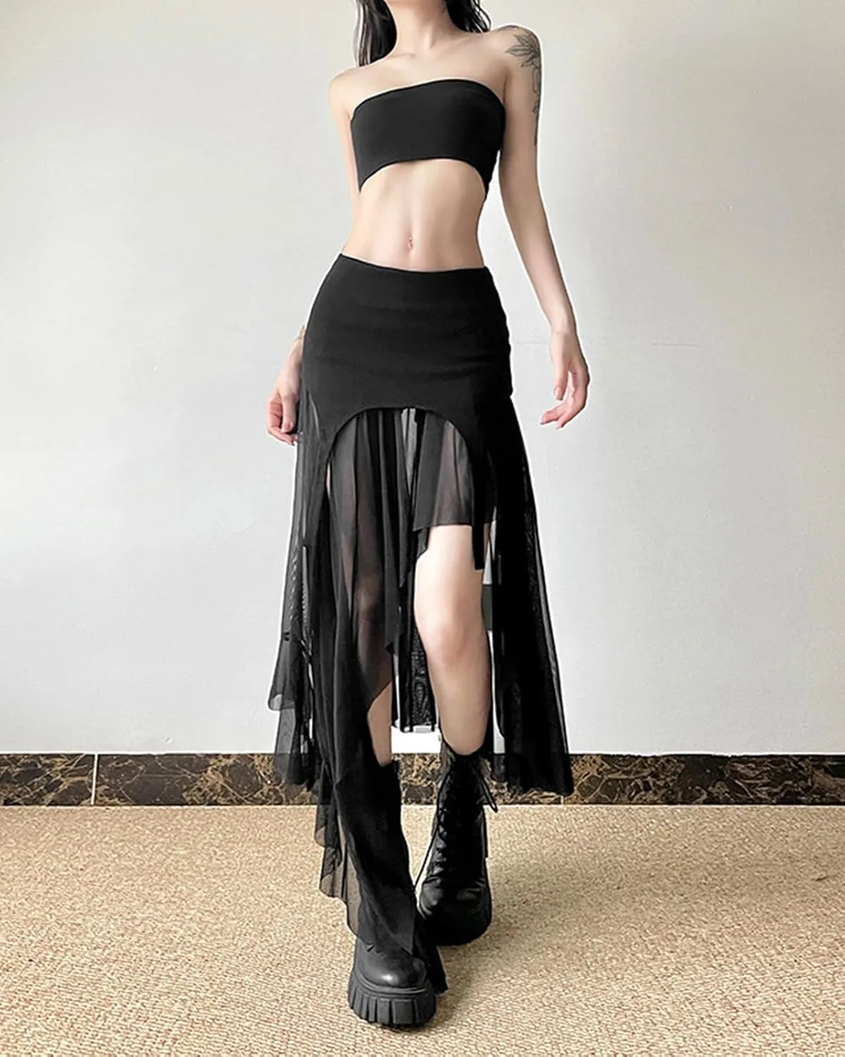 CORIRESHA Women's Asymmetrical Hem Hip Tight A-line Sheer Midi Skirt