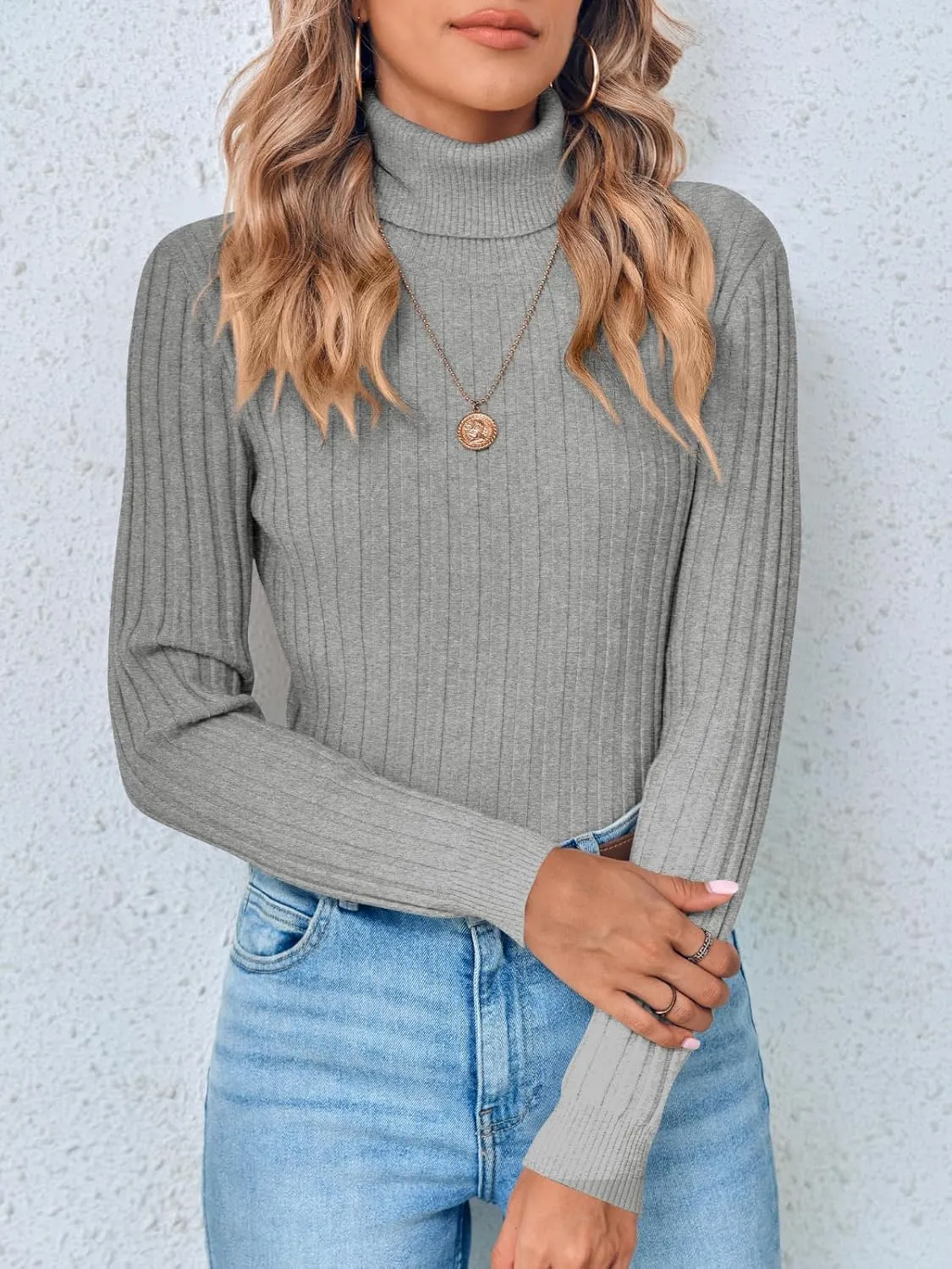 Danedvi Women's Turtleneck Ribbed Knit Pullover Sweaters Fall Long Sleeve Soft Classic Fitted Sweater Tops