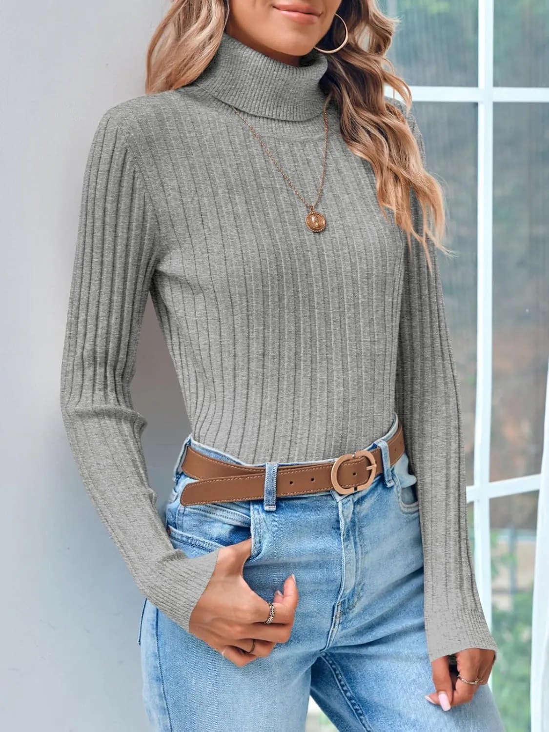 Danedvi Women's Turtleneck Ribbed Knit Pullover Sweaters Fall Long Sleeve Soft Classic Fitted Sweater Tops