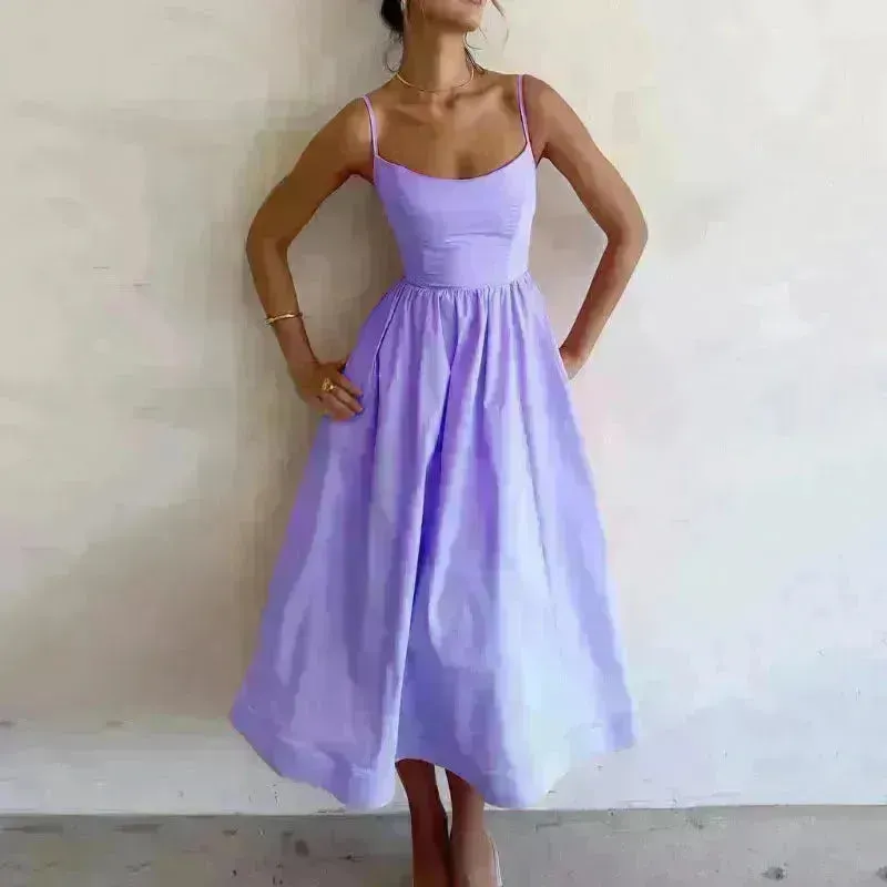 Elegant Solid Color Spaghetti Strap Suspender Skirt Dress Midi Skater Dress for Women