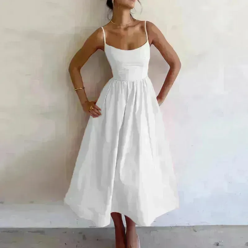 Elegant Solid Color Spaghetti Strap Suspender Skirt Dress Midi Skater Dress for Women