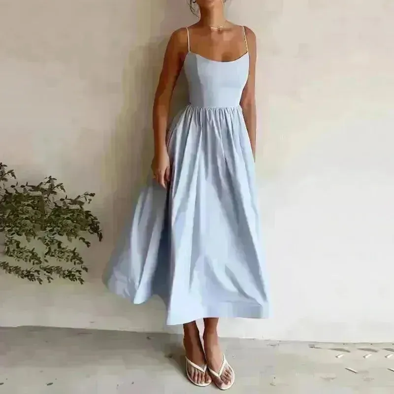 Elegant Solid Color Spaghetti Strap Suspender Skirt Dress Midi Skater Dress for Women
