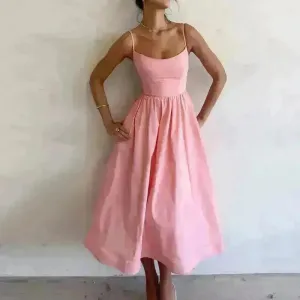 Elegant Solid Color Spaghetti Strap Suspender Skirt Dress Midi Skater Dress for Women