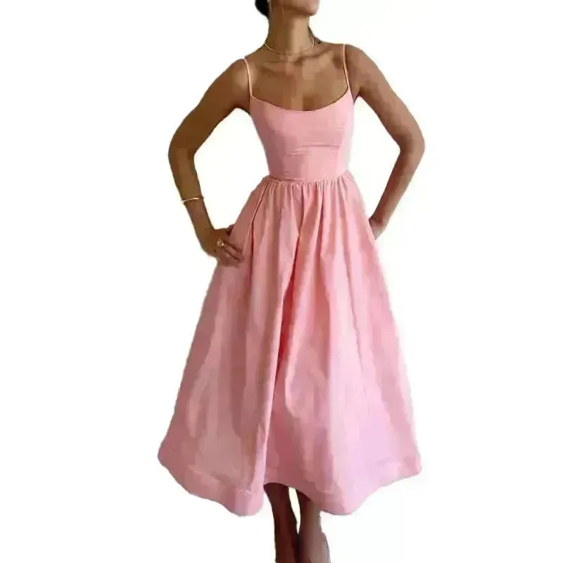 Elegant Solid Color Spaghetti Strap Suspender Skirt Dress Midi Skater Dress for Women