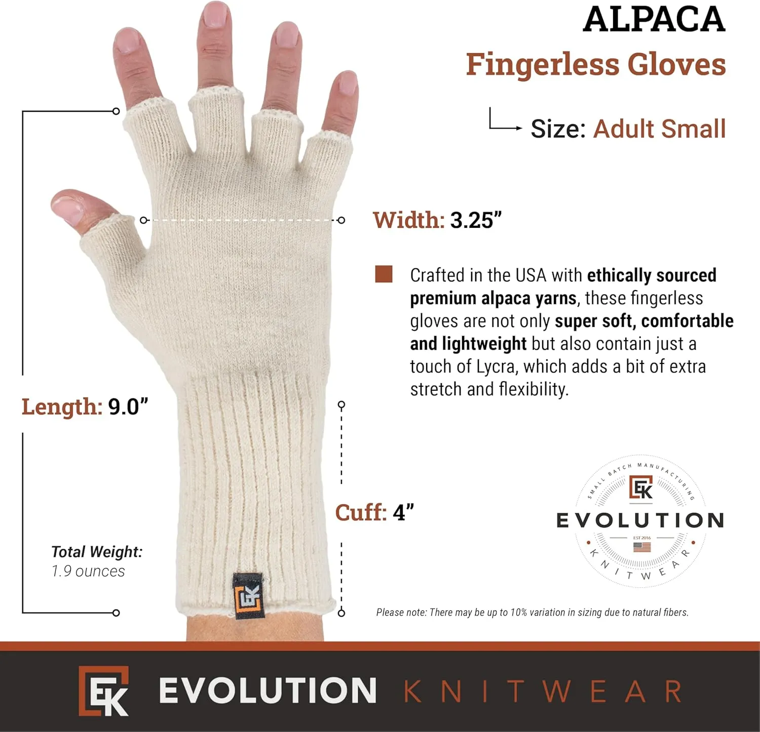 Evolution Knitwear Alpaca Knit Fingerless Gloves for Women - Super Soft Baby Alpaca - Made in the USA - Small