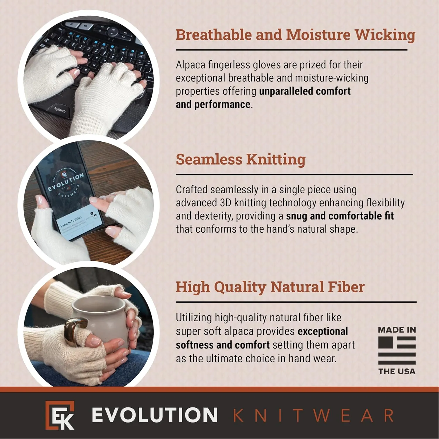 Evolution Knitwear Alpaca Knit Fingerless Gloves for Women - Super Soft Baby Alpaca - Made in the USA - Small