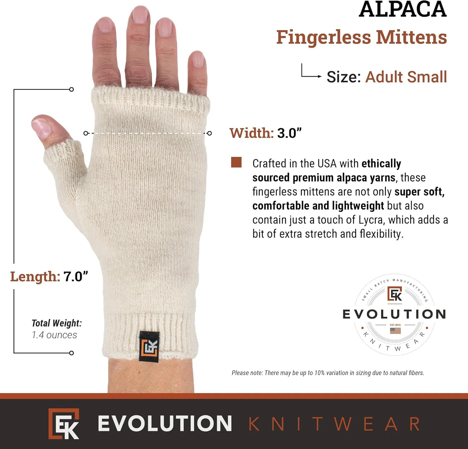 Evolution Knitwear Alpaca Knit Fingerless Mittens - Super Soft Baby Alpaca - Made in the USA - Small