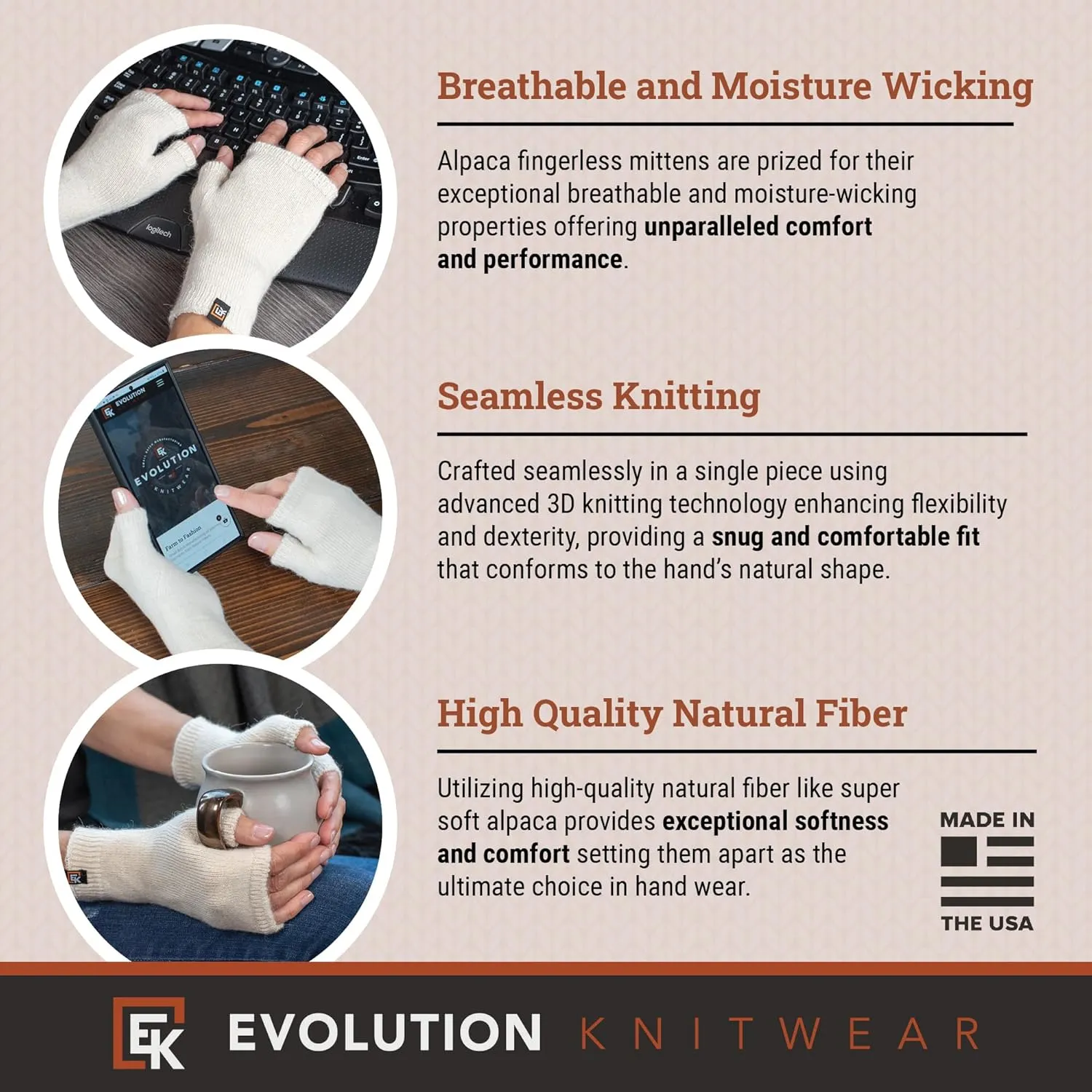 Evolution Knitwear Alpaca Knit Fingerless Mittens - Super Soft Baby Alpaca - Made in the USA - Small