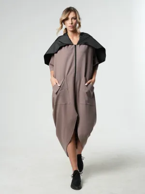Extravagant Zipper Dress With Shoulder Cape in Moccachino