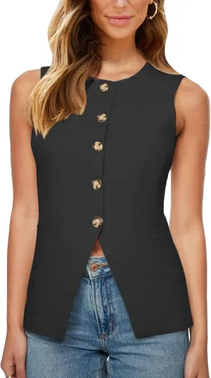 Fallorchid Womens Round neck Suit Vest Sleeveless Button Business Jacket Waistcoat Top