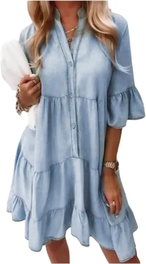 fanmpghleoo Jean Dresses for Women 2025 V Neck Ruffle Denim Shirt Dress Summer Lightweight Cute Babydoll Jean Mini Dress