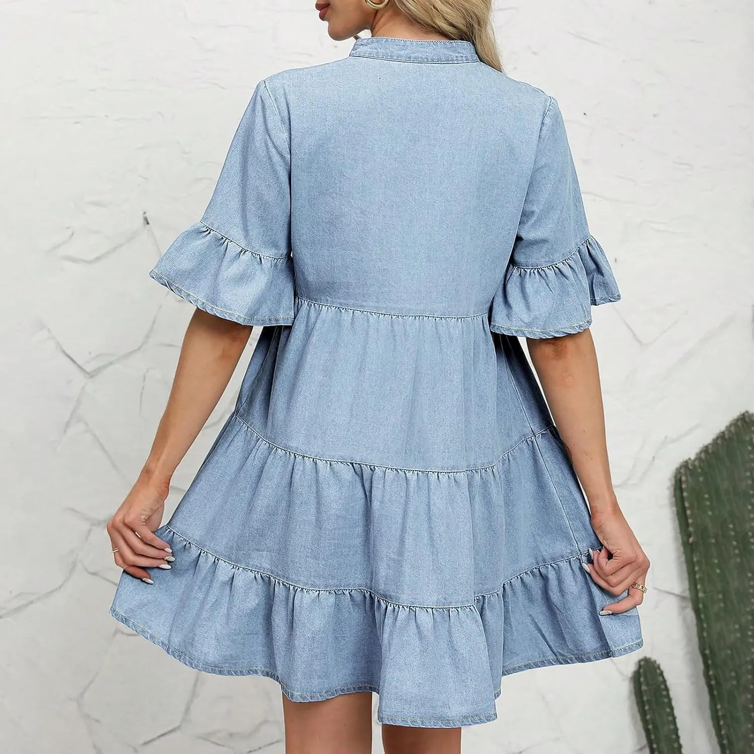 fanmpghleoo Jean Dresses for Women 2025 V Neck Ruffle Denim Shirt Dress Summer Lightweight Cute Babydoll Jean Mini Dress