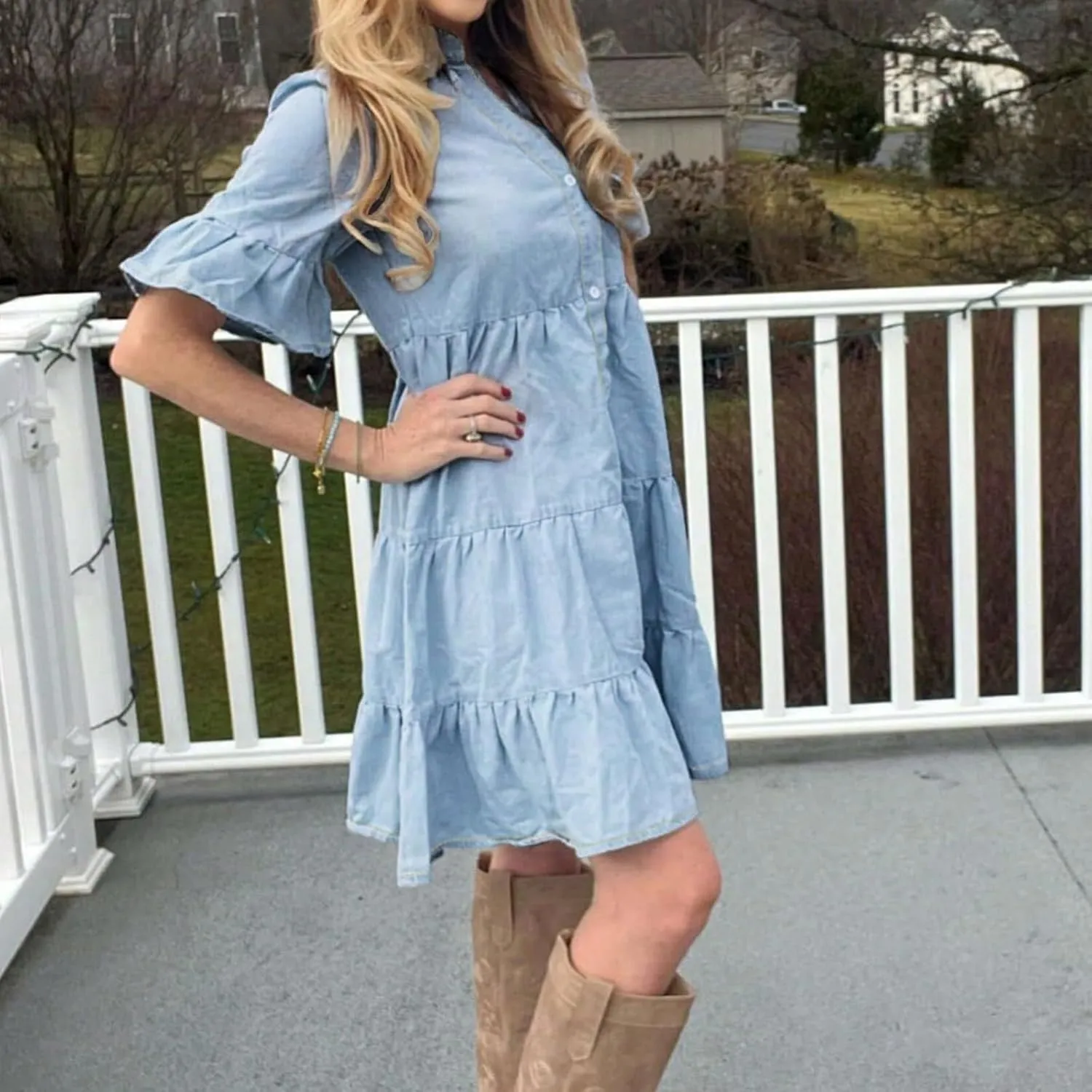 fanmpghleoo Jean Dresses for Women 2025 V Neck Ruffle Denim Shirt Dress Summer Lightweight Cute Babydoll Jean Mini Dress