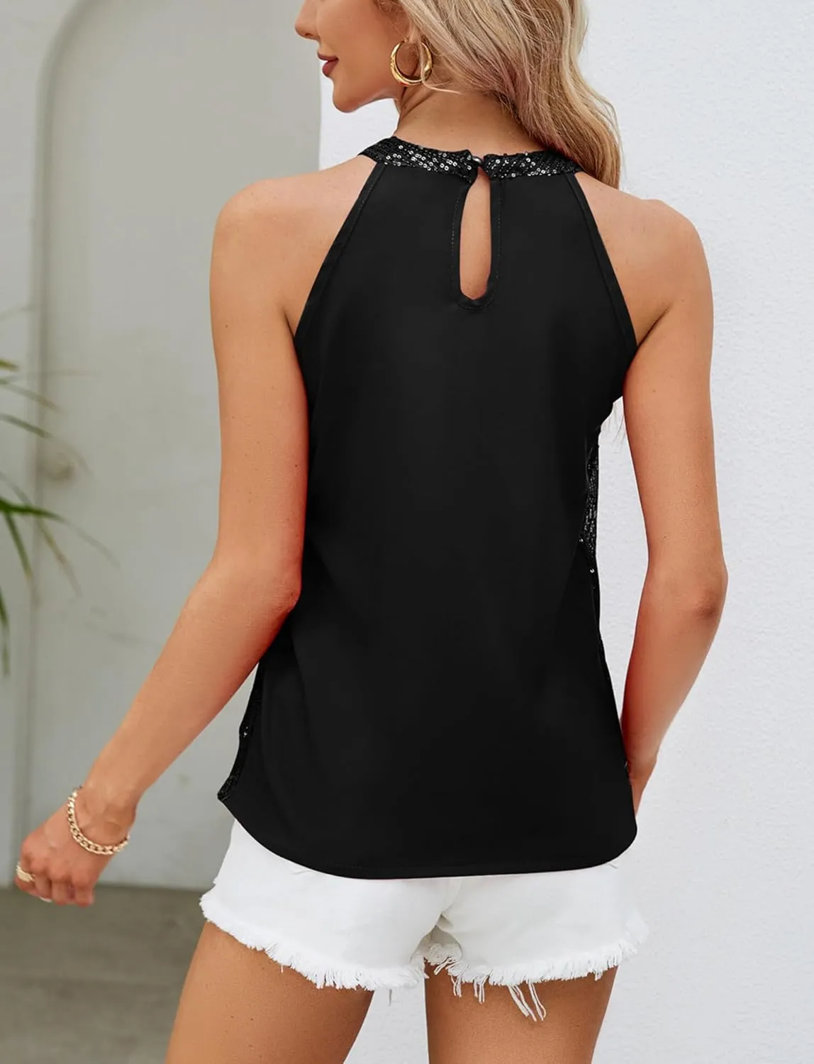 FEOYA Women Sparkle Sequins Halter Top Shimmer Shiny Sleeveless Shirts Glitter Cami Top