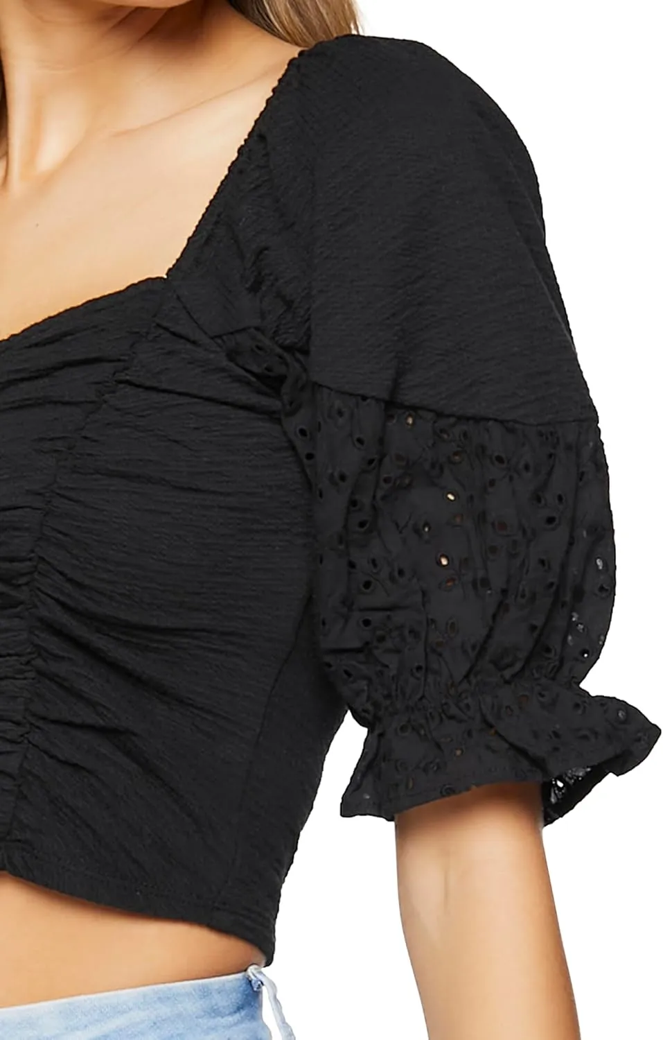 Forever 21 Women's Ruched Eyelet Crop Top