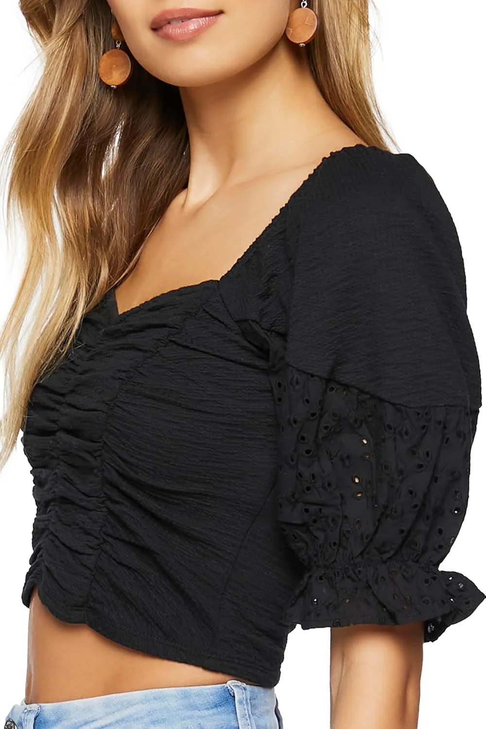 Forever 21 Women's Ruched Eyelet Crop Top