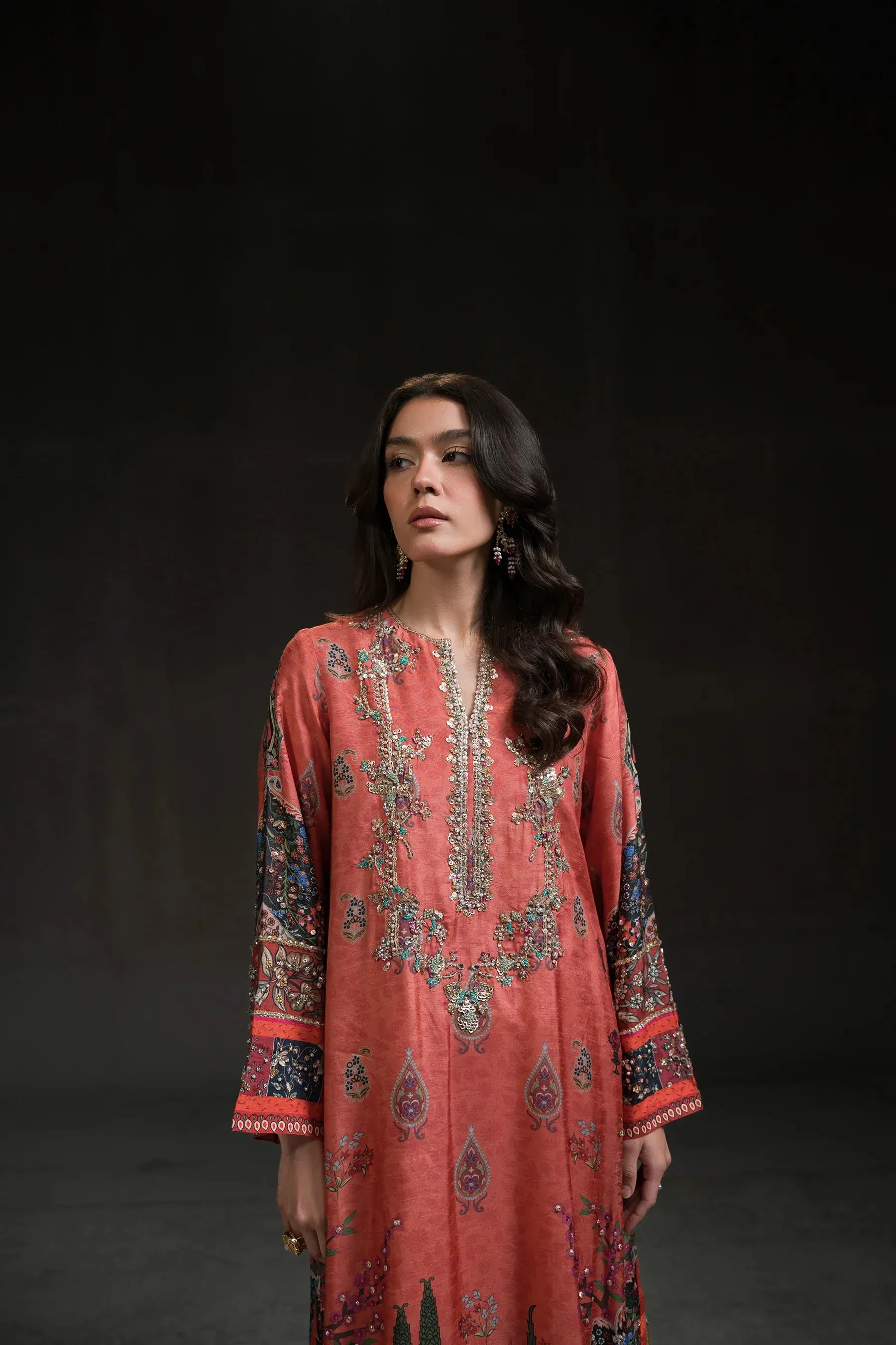 Glitz '24 - Coral Pink Long Kurta Set (D-11) (RTS)