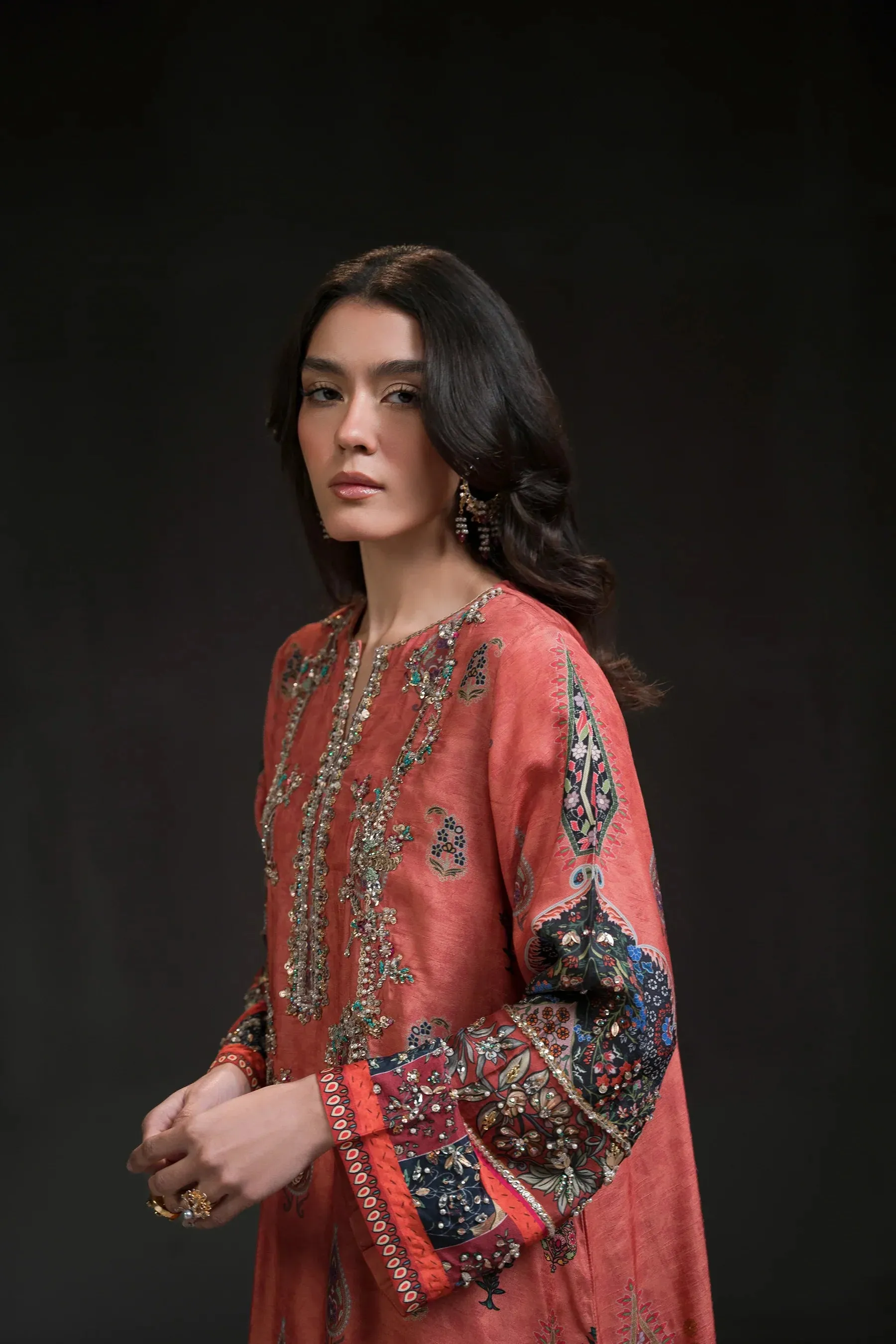 Glitz '24 - Coral Pink Long Kurta Set (D-11) (RTS)