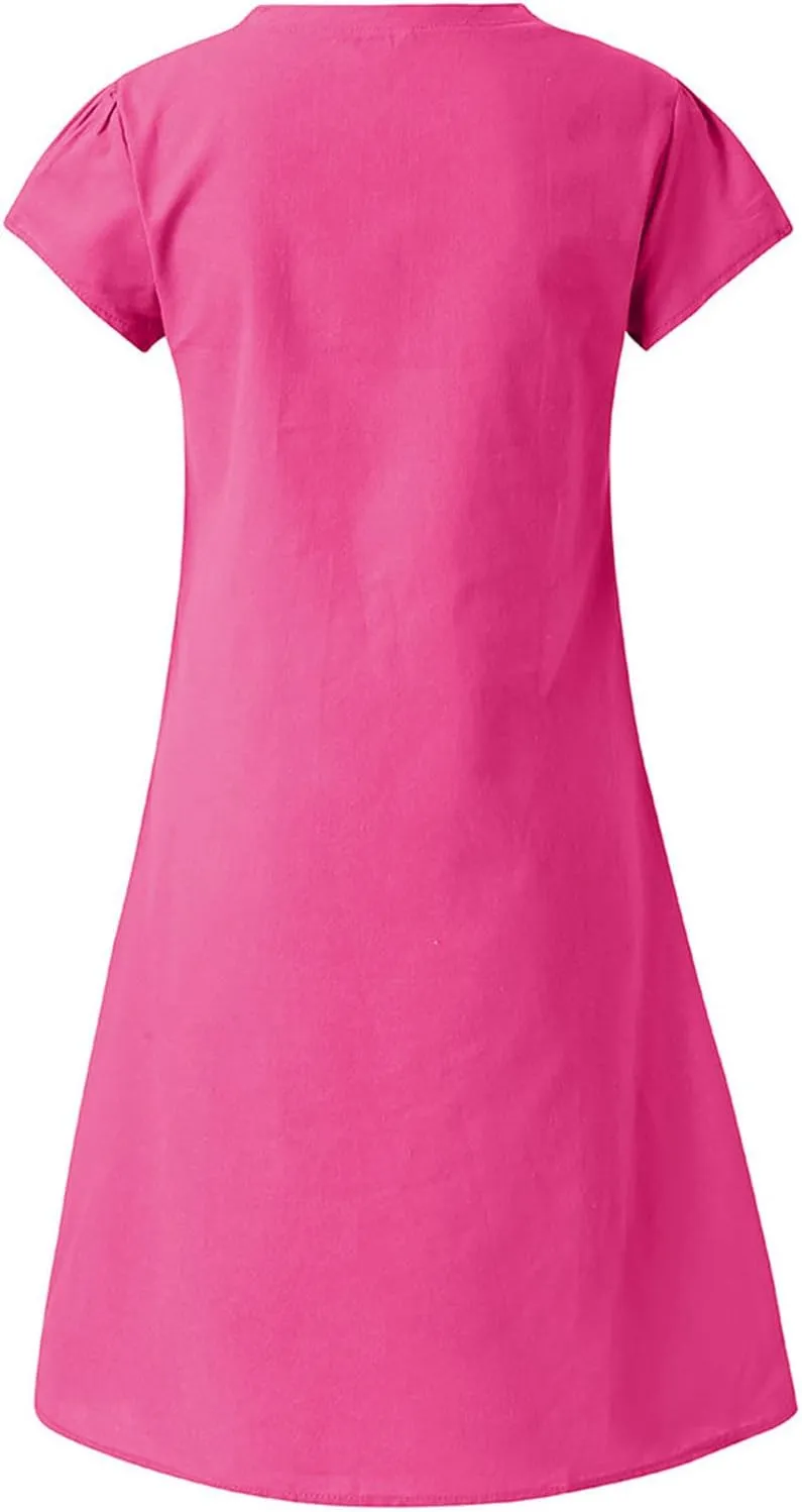 hlysgo Linen Dress for Women Summer Tshirt Dresses 2025 Short Sleeve V Neck Midi Dresses Casual Loose Comfy Beach Dress