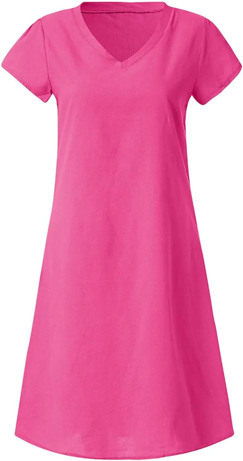 hlysgo Linen Dress for Women Summer Tshirt Dresses 2025 Short Sleeve V Neck Midi Dresses Casual Loose Comfy Beach Dress