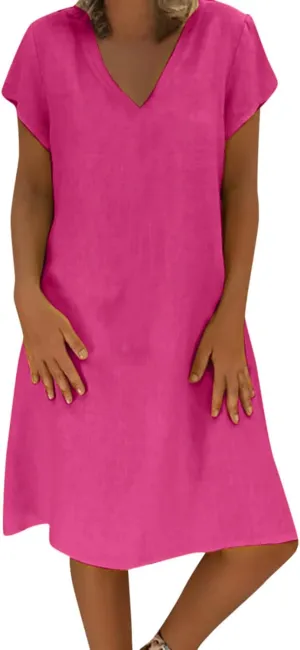 hlysgo Linen Dress for Women Summer Tshirt Dresses 2025 Short Sleeve V Neck Midi Dresses Casual Loose Comfy Beach Dress