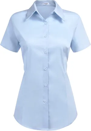 HOTOUCH Women's Basic Button Up Shirt Short Sleeve Stretchy Button Down Collared Shirts Waitress Work Shirt