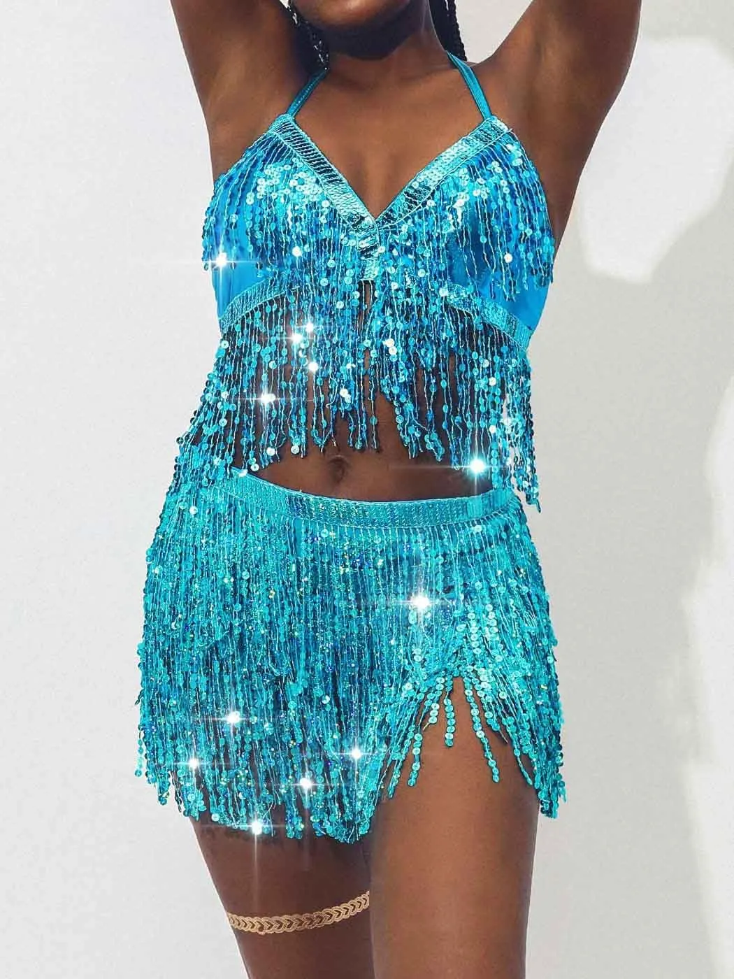 Kakaco Belly Dance Skirt with Crop Top Sequins Fringe Skirts Set Rave Dance Bra Top Party Costume Outfits for Women and Girls