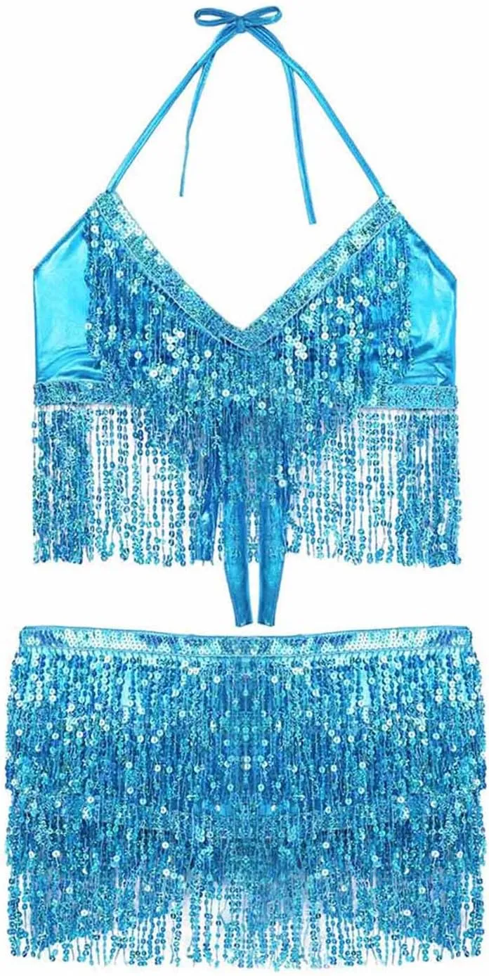 Kakaco Belly Dance Skirt with Crop Top Sequins Fringe Skirts Set Rave Dance Bra Top Party Costume Outfits for Women and Girls