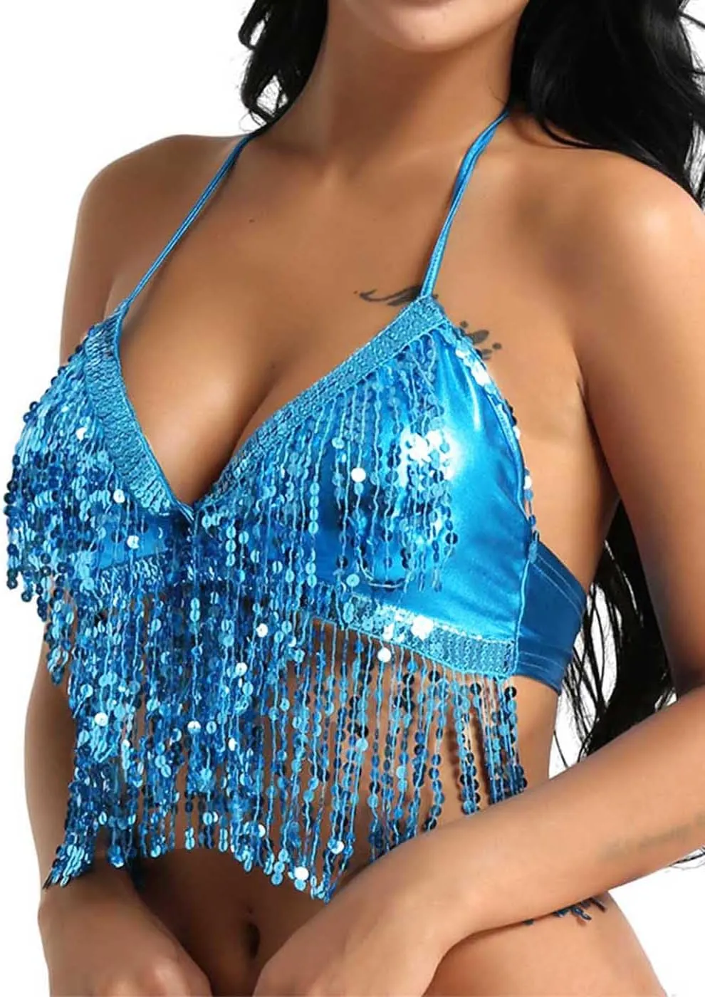 Kakaco Belly Dance Skirt with Crop Top Sequins Fringe Skirts Set Rave Dance Bra Top Party Costume Outfits for Women and Girls